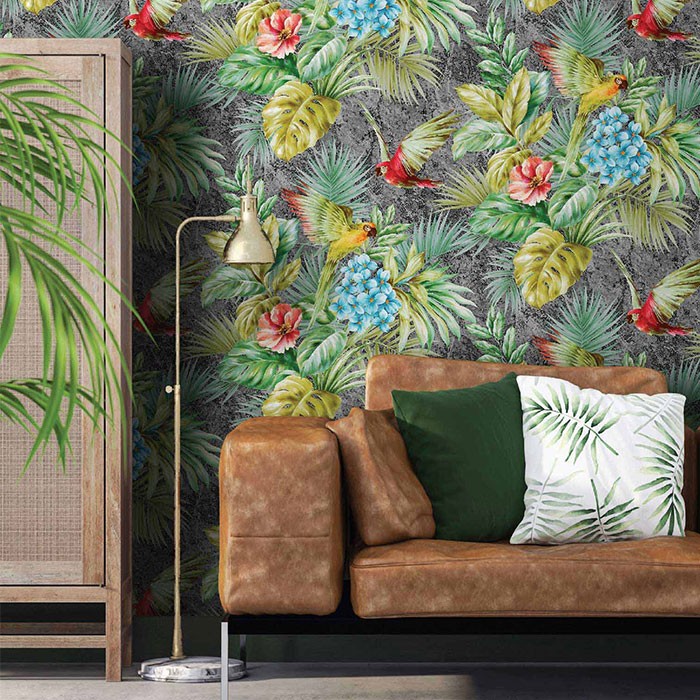 Tapet Tropicano, texturat, stil tropical, model jungla, frunze multicolore pe fond gri 9905-4-ambient