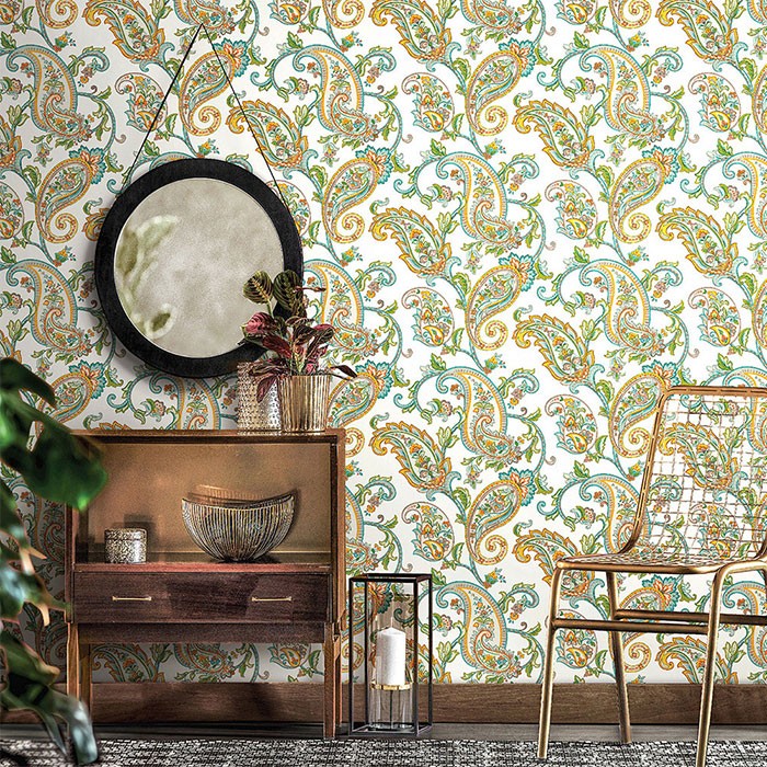 Tapet Tropicano, texturat,stil oriental, model cu frunze, culoare multicolor 9903-5-ambient