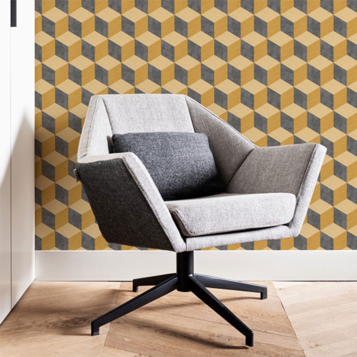 Tapet lavabil vinilic decorativ modern texturat geometric cuburi 3D culoare galben Cubiq 220367-ambient