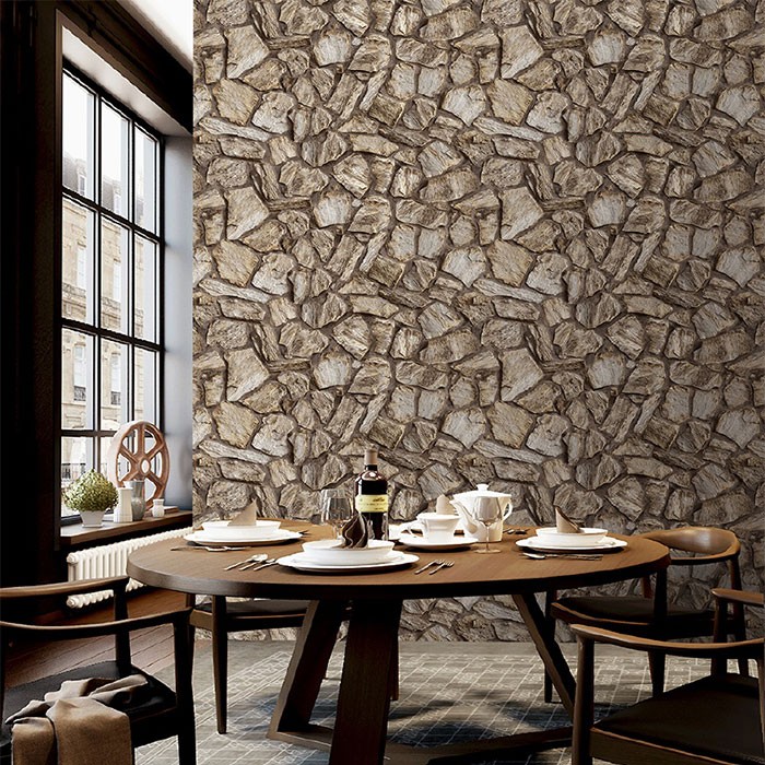 Tapet super lavabil vinilic Anka, stil rustic, texturat, model imitatie piatra naturala maro 1604-2-ambient