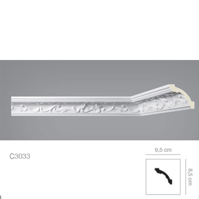 Cornisa decorativa tavan alba poliuretan 9.5 x 8.5 x 200 cm C3033 detalii
