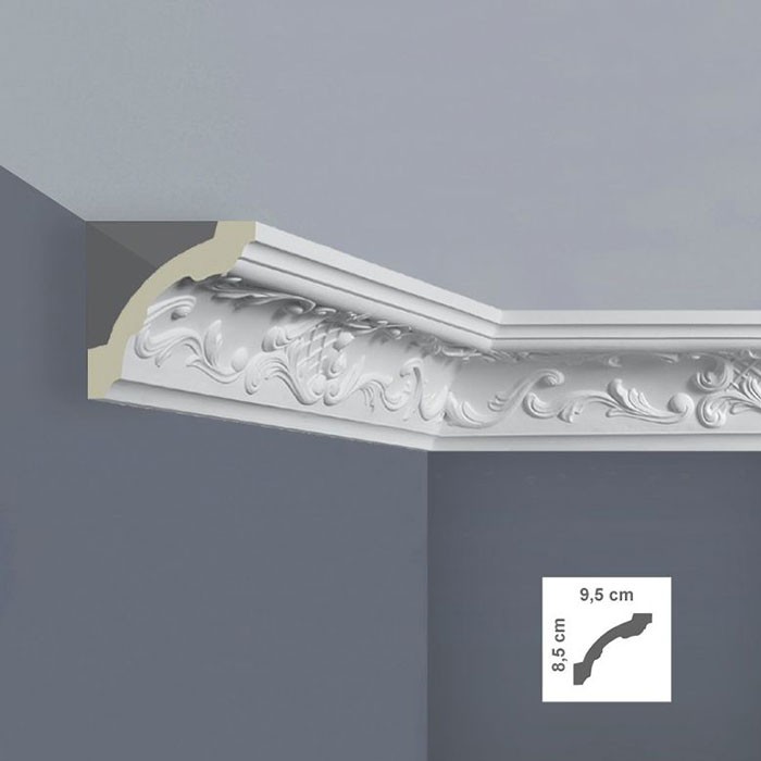 Cornisa decorativa tavan alba poliuretan 9.5 x 8.5 x 200 cm C3033