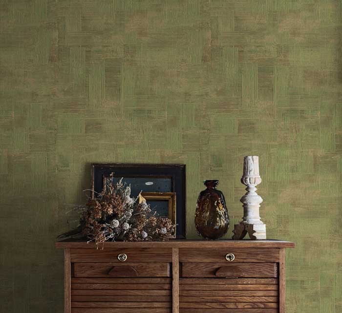 Tapet dormitor model texturat abstract culoare verde - auriu Materea 64515 ambient