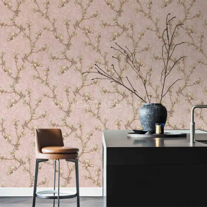 Tapet living model cu flori de magnolie pe fond roz Van Gogh 220010-ambient