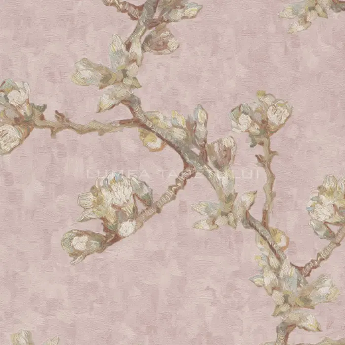 Tapet living model cu flori de magnolie pe fond roz Van Gogh 220010