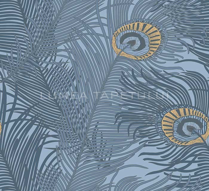 Tapet dormitor model pene de paun culoare albastru Perla NHW1046