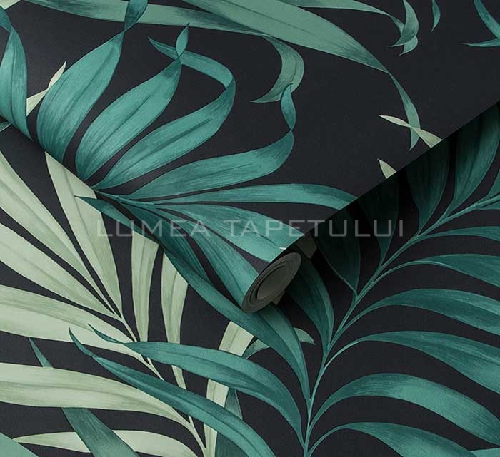 Tapet dormitor model cu frunze verzi pe fond negru Reverie 105660_Rollshot