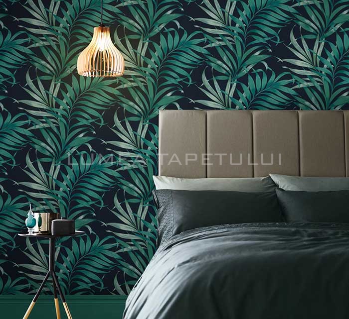 Tapet dormitor model cu frunze verzi pe fond negru Reverie 105660_Roomset