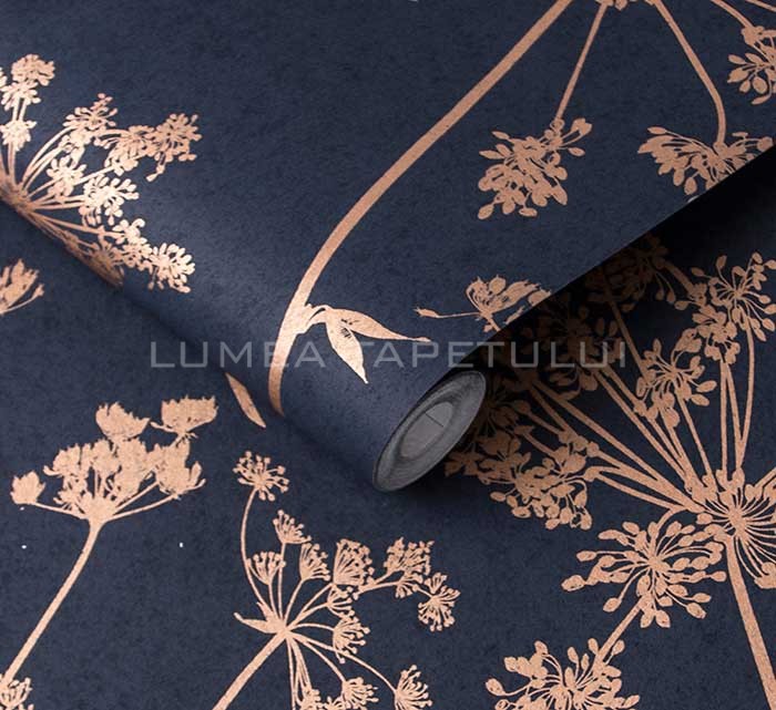 Tapet living model cu frunze culoare albastru - cupru metalizat Reclaim 105581_Rollshot