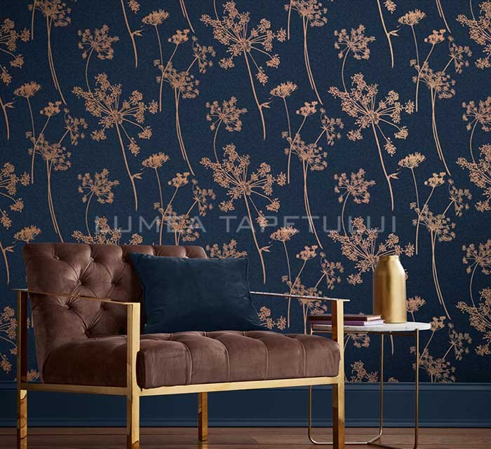 Tapet living model cu frunze culoare albastru - cupru metalizat Reclaim 105581_Roomset