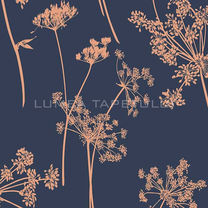 Tapet living model cu frunze culoare albastru - cupru metalizat Reclaim 105581_Tile