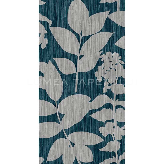 Tapet living model frunze culoare albastru - gri metalizat Genesis 111723_Tile