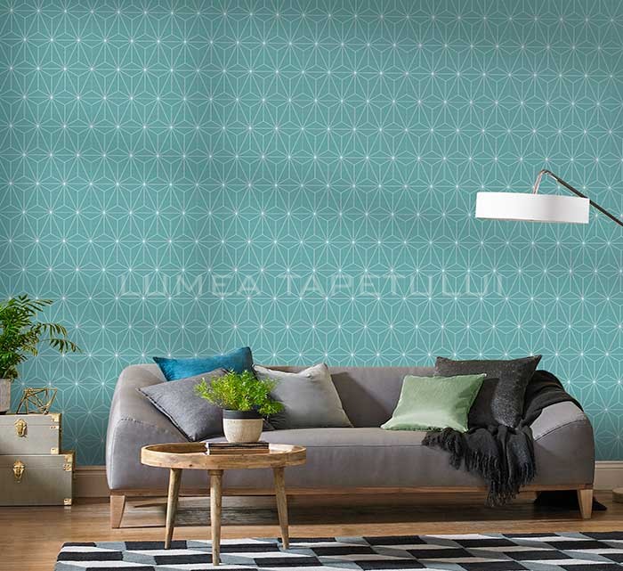 Tapet living model geometric culoare albastru - alb Formation 104738_Roomset